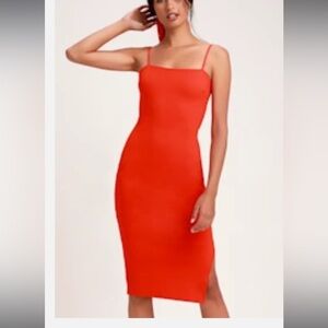 PAULINA CORAL RED BODYCON MIDI DRESS